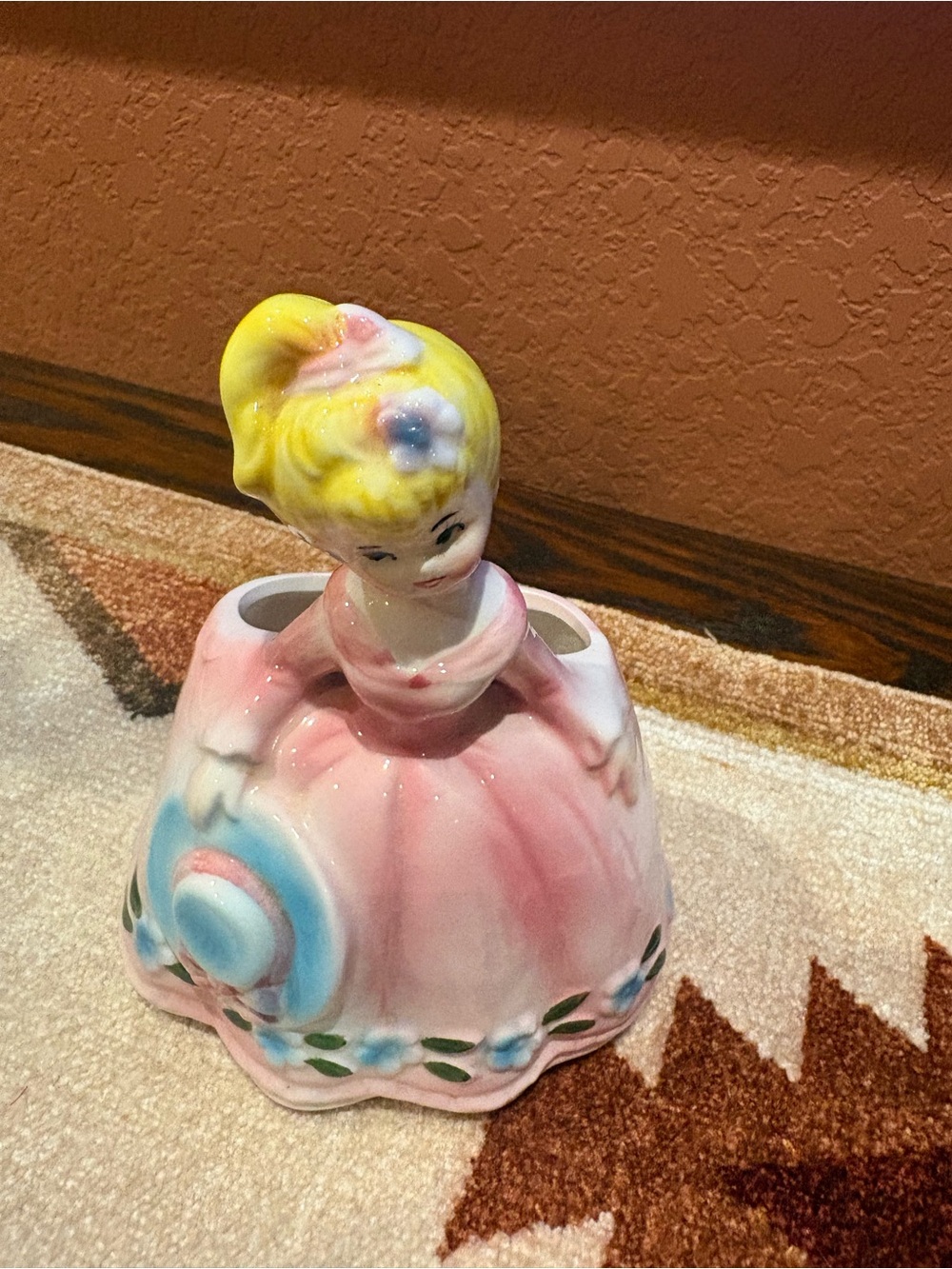 Pink Ceramic Girl Planter with Blue Hat and Floral Trim